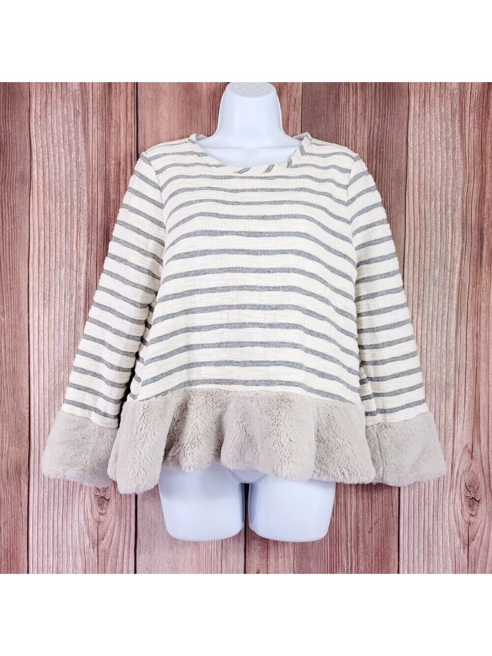 Anthropologie Maeve Sz M Astor Faux Fur Trimmed Striped Pullover Top Gray Ivory